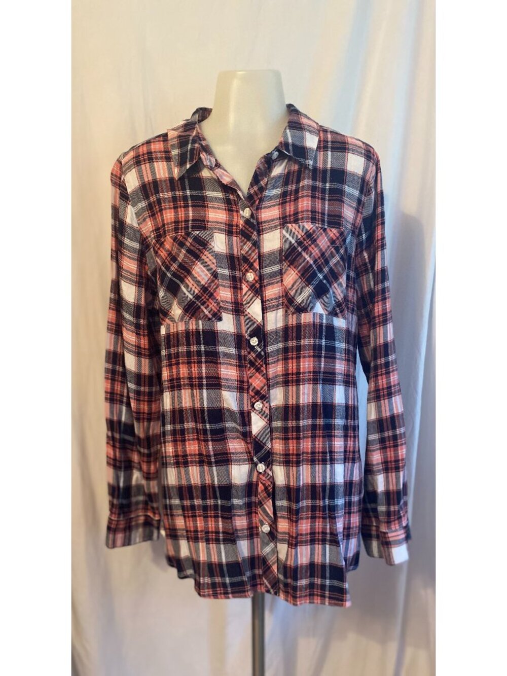 Relativity Navy And Coral Plaid Button Front Long Sleeve Shirt
